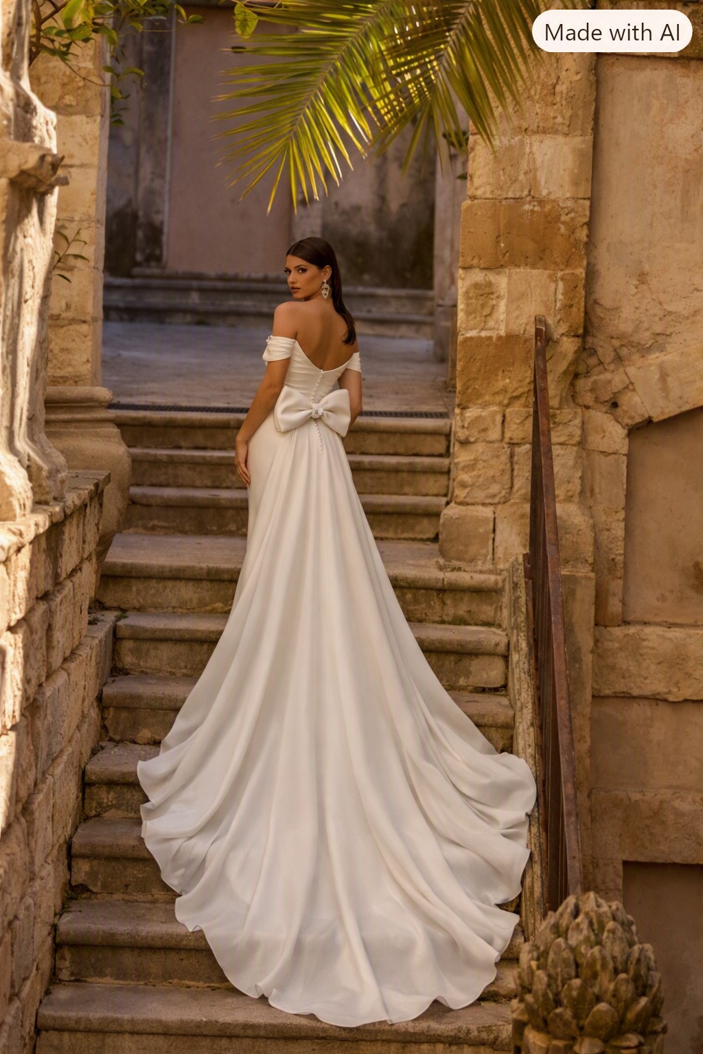Yukiko 18816 6 - Sofi Designs Bridal Bride in an off-shoulder white wedding gown with a large bow, standing on stone steps among ancient walls.