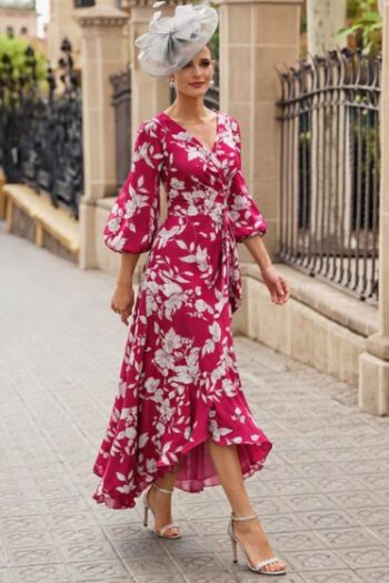 Woman in a bright pink floral dress with puff sleeves walking on a city sidewalk, wearing a decorative gray fascinator and open-toe heels.