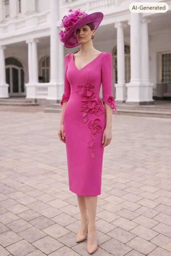 Woman in a bright pink, knee-length dress with floral appliqués standing in a stone courtyard, wearing a matching wide-brimmed hat with flowers.