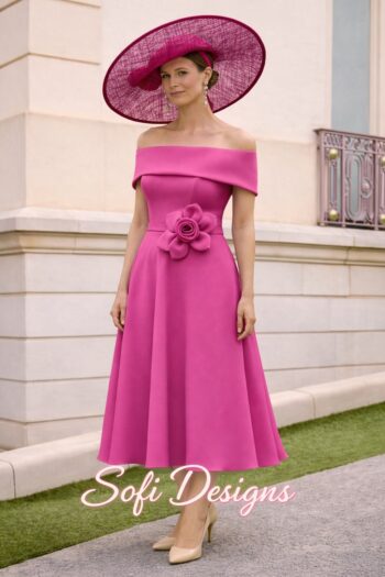 Woman in a bright pink off-shoulder gown with a large matching hat, standing outdoors; a flower embellishment at the waist and beige heels. Brand name: Sofi Designs.