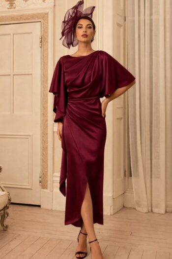 Elegant woman in a burgundy satin dress with draped sleeves and a high slit, wearing a decorative fascinator, standing in a palatial, cream-toned room.
