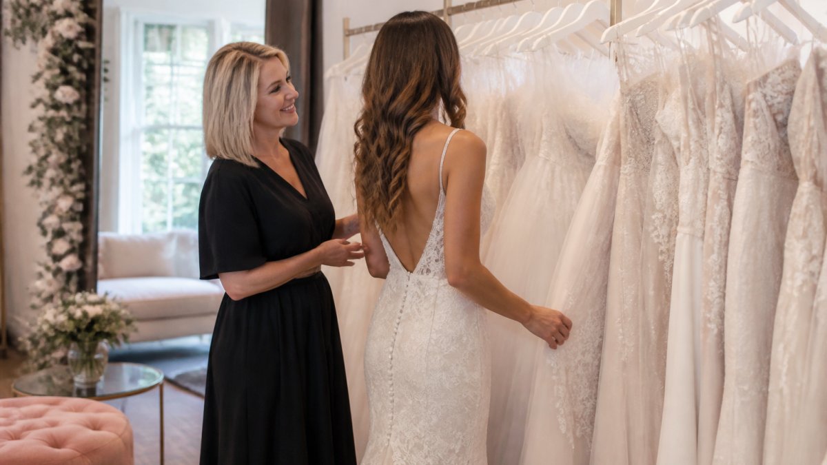 A bride-to-be browsing a rail of designer wedding dresses in a bright, welcoming independent bridal boutique, with a consultant standing nearby offering one-to-one guidance under soft natural light